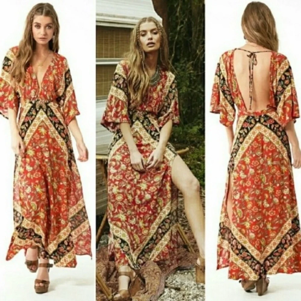 SOLD OUT Red Bohemian Floral Open Back Kimono Maxi Dress - Picture 5 of 6